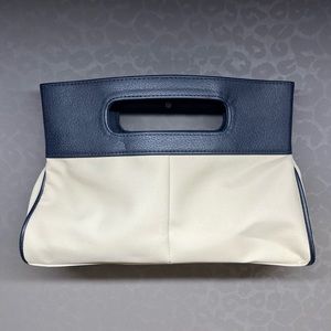 ESTEE LAUDER Womens Purse Clutch Handbag Beige Blue Cut Out Handle Cosmetic Bag